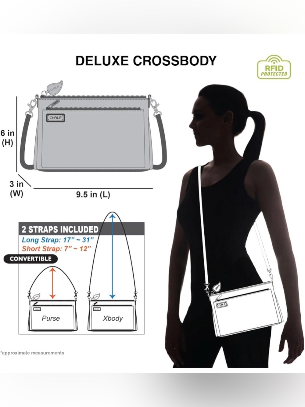 CHALA RFID Protected Vegan Leather Deluxe Crossbody Bag with Adjustable Straps - Picture 5 of 10